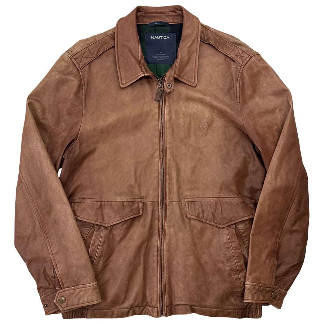 Vintage Nautica Plaid Lined Leather Jacket - L