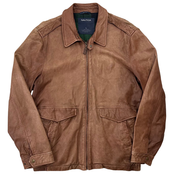 Vintage Nautica Plaid Lined Leather Jacket - L