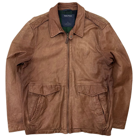 Vintage Nautica Plaid Lined Leather Jacket - L